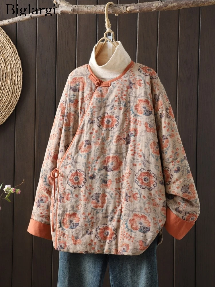 Flower Floral Print Autumn Winter Padded Cotton Coat Women Fashion Ladies Jackets Casual Oversized Loose Long Sleeve Woman Coats