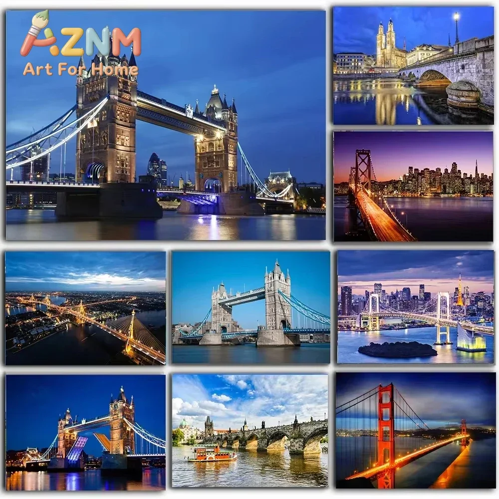 AZNM Famous City Bridge Nightscape Canvas Wall Art, Frameless, Urban Landmark Scenery Print for Lounge Wall Decor