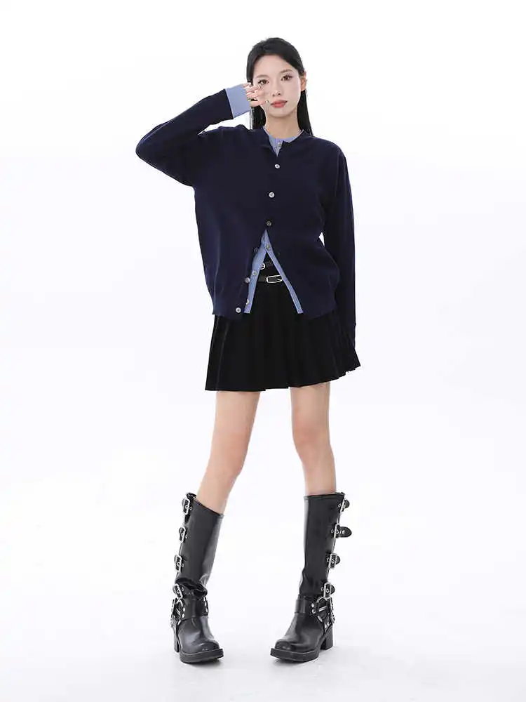 Outono inverno feminino cardigan camisola falsa duas peças 2000s manga longa estilo preppy jumper o pescoço malhas camisas high street