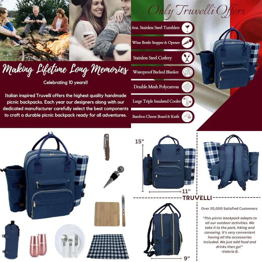 

Truvelli Picnic Backpack for 2 with Blanket 12-in-1 Insulated Picnic Basket Backpack Set with Wine Holder, Cutlery Cheese Board