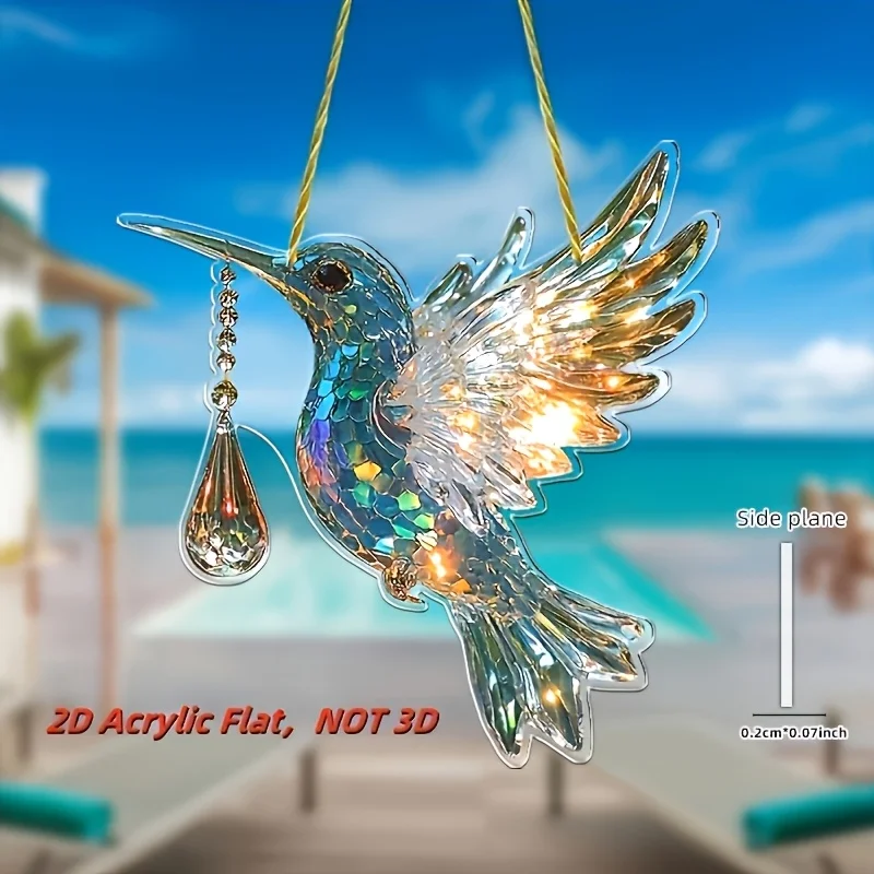 8cm Acrylic 2D Flat Colorful Hummingbird Hanging Pendant Wind Chime Suncatcher Home Window Ornament Garden Decor Car Decoration