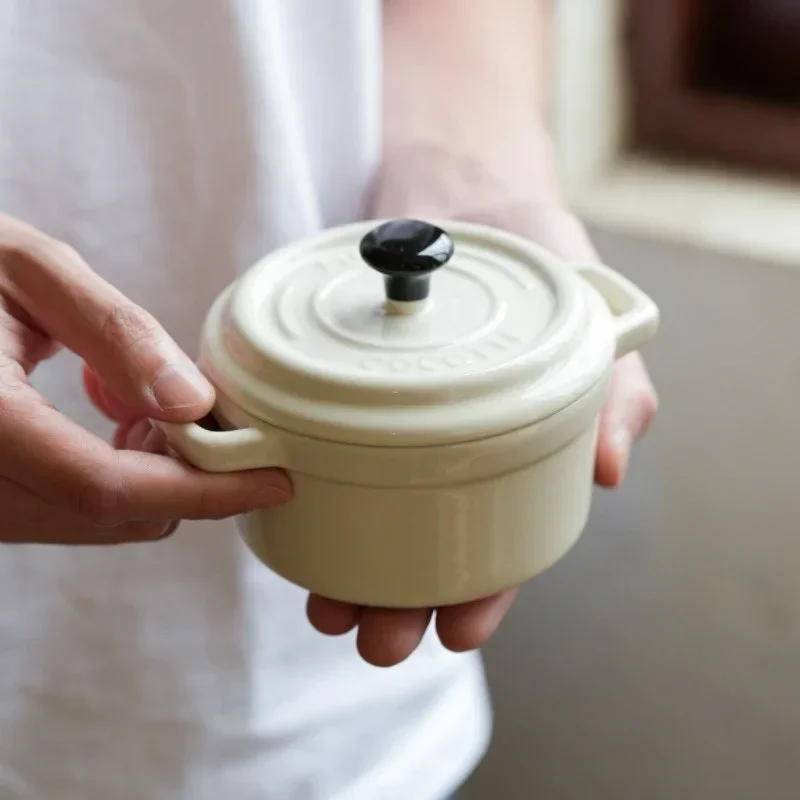 

Ceramic Breakfast Bowl with Hanging Ears Anti-scalding Microwaveable Kid's Steamed Egg Food Bowl with Lid Household Soup Bowl