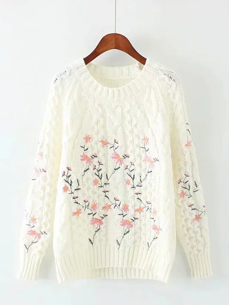 

Autumn New Japanese Style Sweet Flower Embroidery Pullovers Sweaters Warm Knitwear Student Long Sleeve Pullover Sweater LJ283