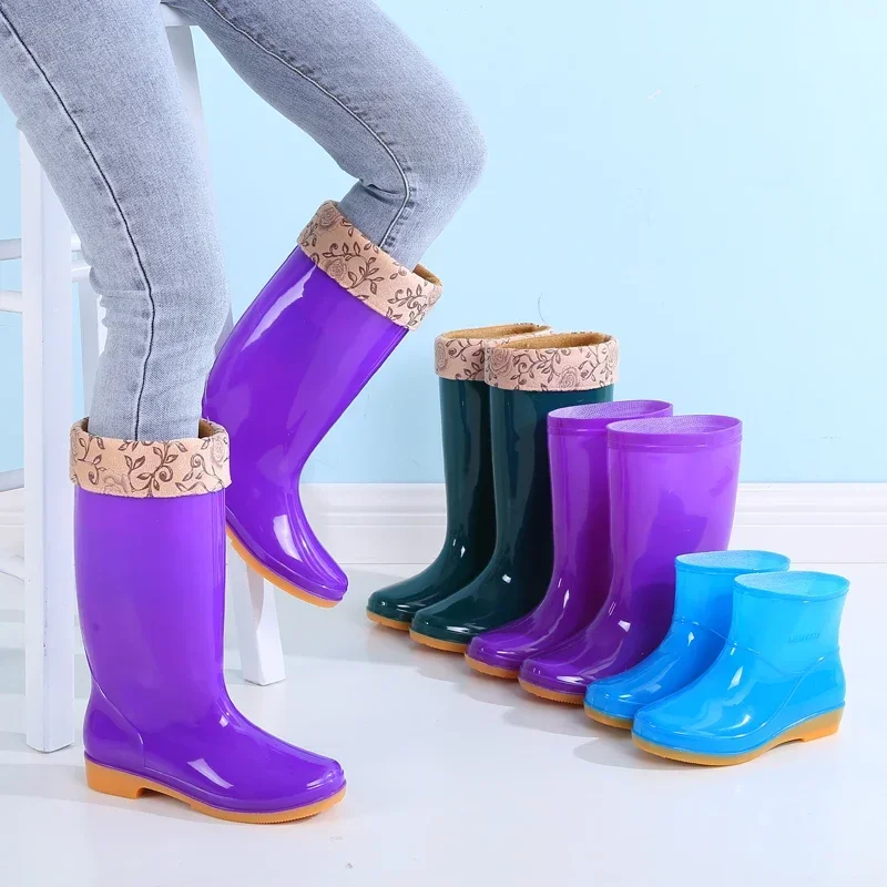 Bottes de Pluie Épaisses pour Femme, Chaussures en Caoutchouc, Imperméables, Confortables, Isolées en Coton, Hiver