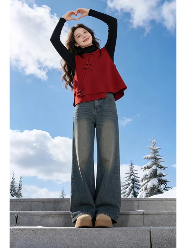 New Chinese Style Red Vest Women's Short Sleeveless Top Button Side Flap Autumn Winter Outerwear Retro Fashion Blouse
