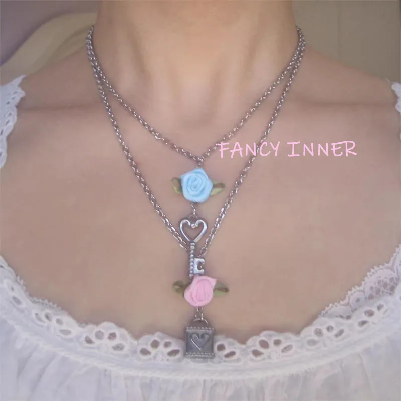 2026 New Y2k Necklace Handmade Ribbon Flower Rose Key Lock Sweet Ins Vintage Choker for Women Girl Jewelry Gift