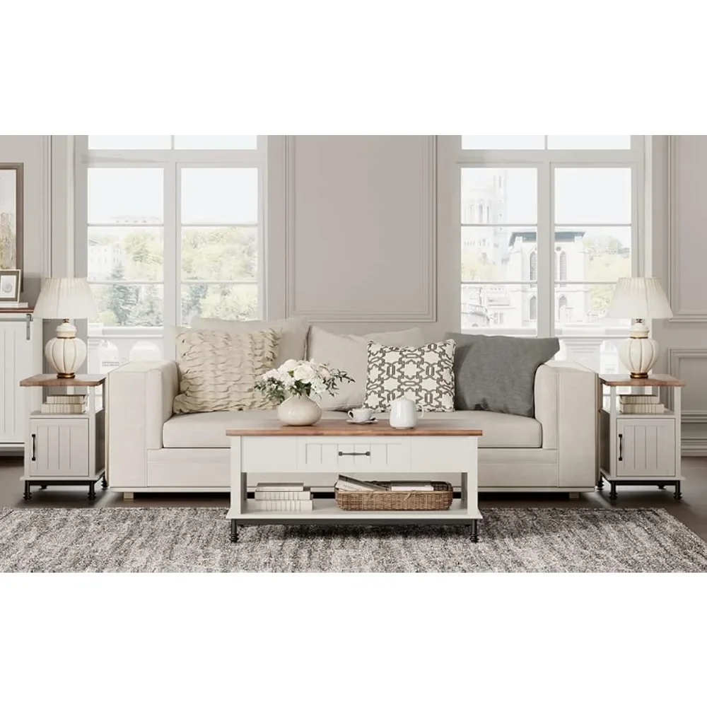 Living room table set of 3, 1 large rectangular central table with storage drawers, 2 end tables with charging stations