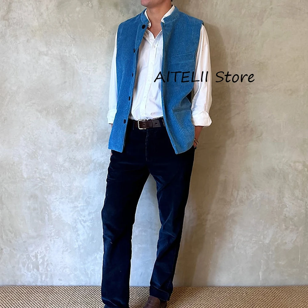 

Men's Vest Single-breasted Elegant Vest Man Casual Stand-up Collar Vests Corduroy Fabric Gilet Working Work Summer Suits Blazer
