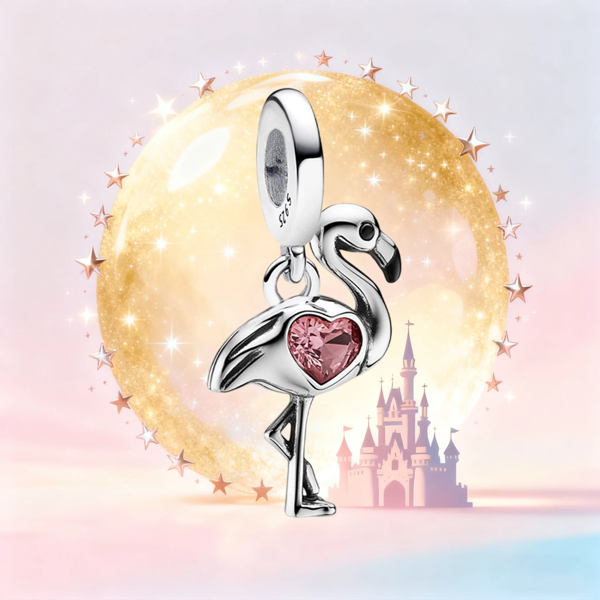 

S925 Серебряный подвеска с фламинго и кристаллом розового сердца, милый кулон в виде животного для браслета, ювелирный аксессуар для женщин, подарок