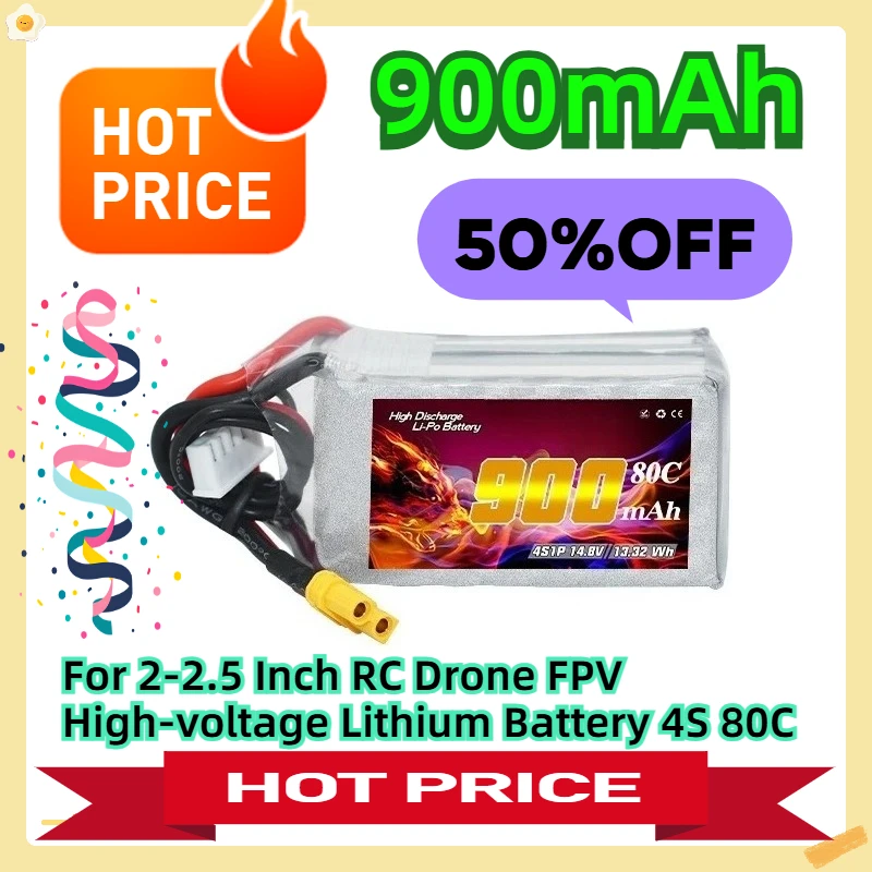 

For 2-2.5 Inch RC Drone FPV High-voltage Lithium Battery 900mAh 4S 14.8V 80C