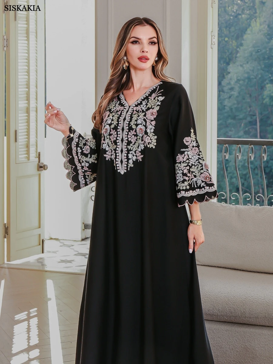 Siskakia luxe broderie florale femme robe de soirée col en v Abayas dubaï pétale manches Caftan marocain