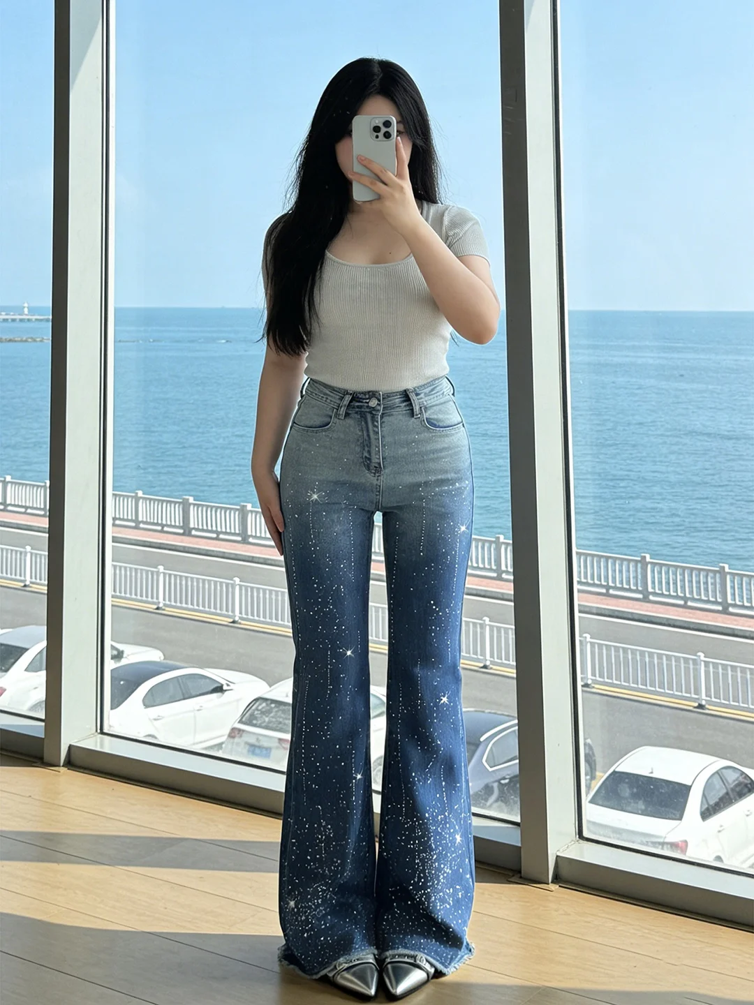 

Женские джинсы-клеш больших размеров с высокой талией, на молнии, удобные, дышащие, повседневные, с геометрическим узором, весенние