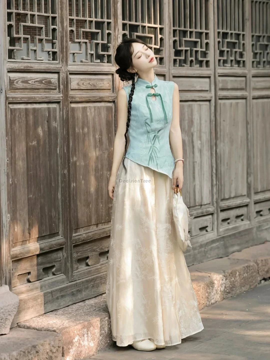 2025 نمط صيني جديد محسّن شيونغسام زر بلا أكمام بنطال فضفاض على الطراز الوطني 2 قطعة طقم بدلة تانغ أنيقة على الموضة #6