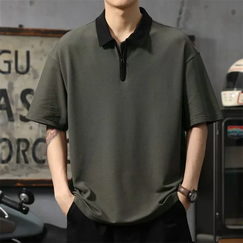 

2025 New Men's Patchwork Half Zip Polo Shirt Summer Turn-Down Short Sleeve T-shirts Casual Golf Wear Y2K Streetwear Tee Tops