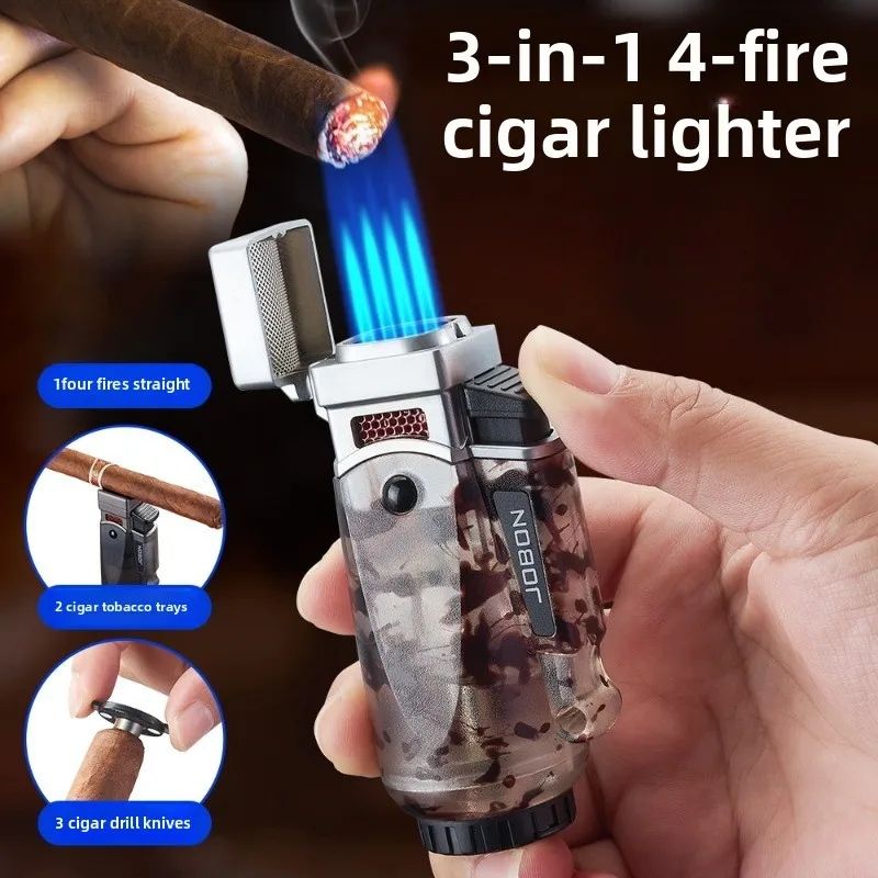 

JOBON New Multifunctional Cigar Lighter Outdoor Windproof Gas Cigarette Lighter Blue Flame Four Straight Lighter Men's Gift