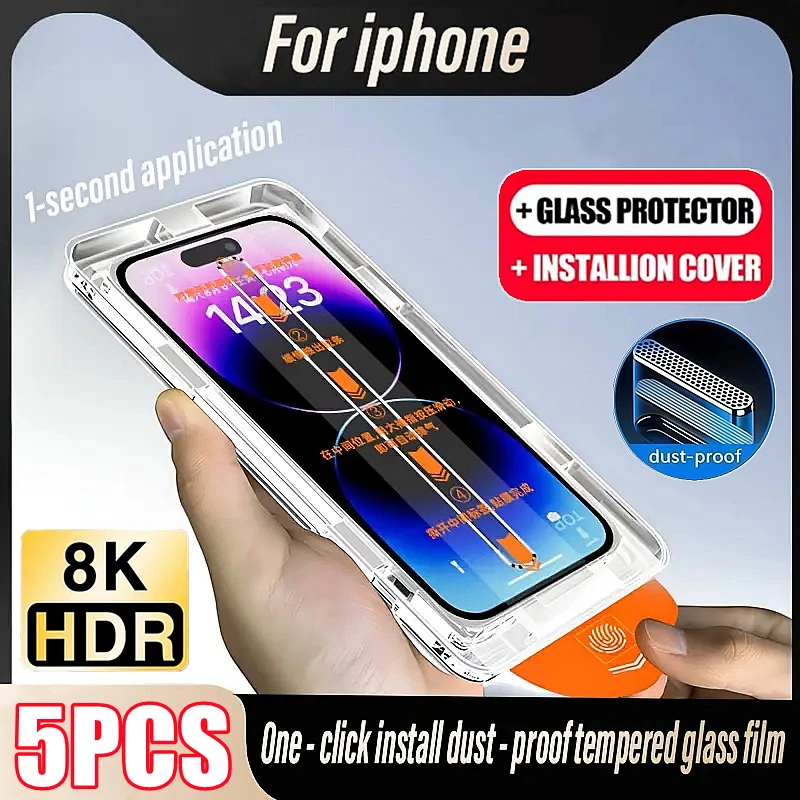 

5Pcs Oleophobic Coating Dust Free Easy Installation Screen Protector For iPhone 16 15 14 11 12 13 17 Pro Max XR X XS 7 8 16 Plus