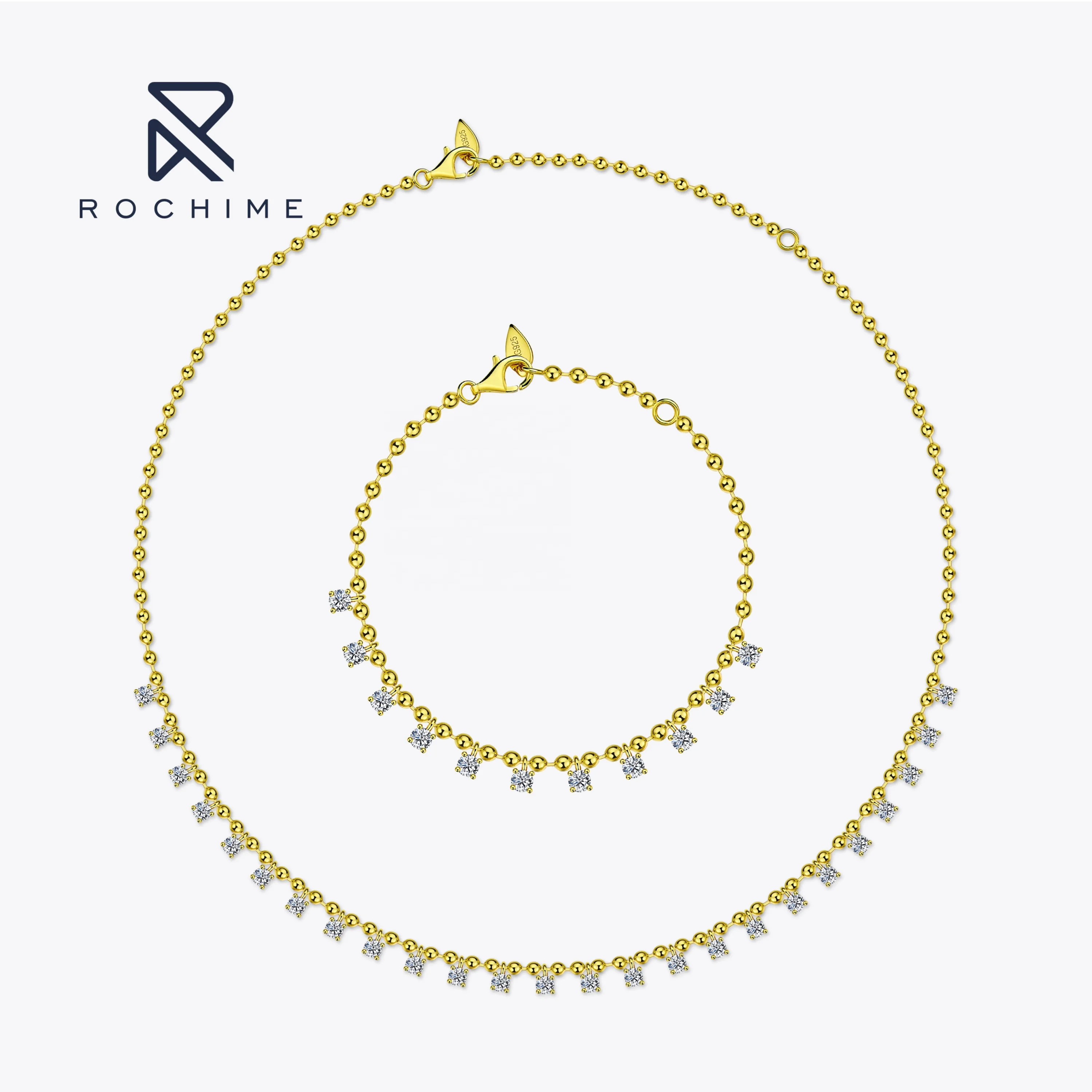 Ins Fashion Jewelry Set Spaced Bead Diamond Necklace 925 Silver Yellow Gold Plated Jewelry Women Accessories