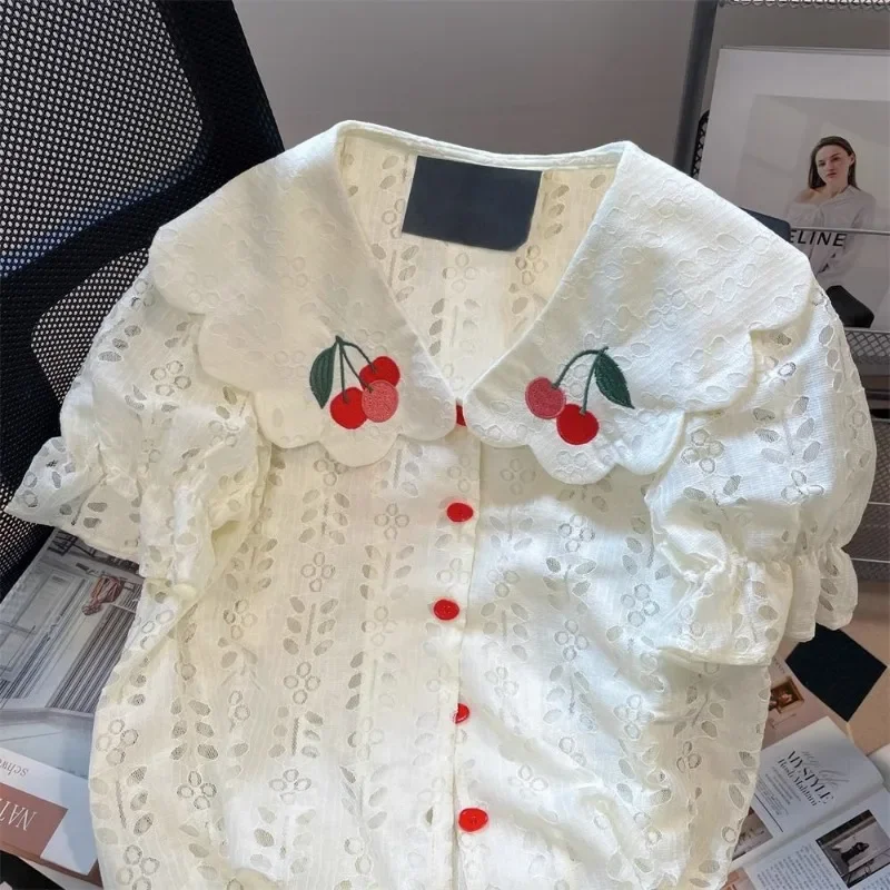 DAYIFUN-Cherry Embroidered Shirt for Women French Kawaii Unique Lace Short Sleeve Blouses Doll Neck Tops Large Size 90KG Summer