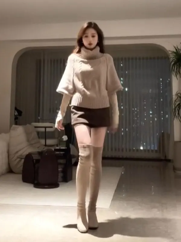 

Retro Gentle Design High Collar Cowl Ne Sweater Loose mid Sve Top Faionable Small Stature Winter Knitwear for Women