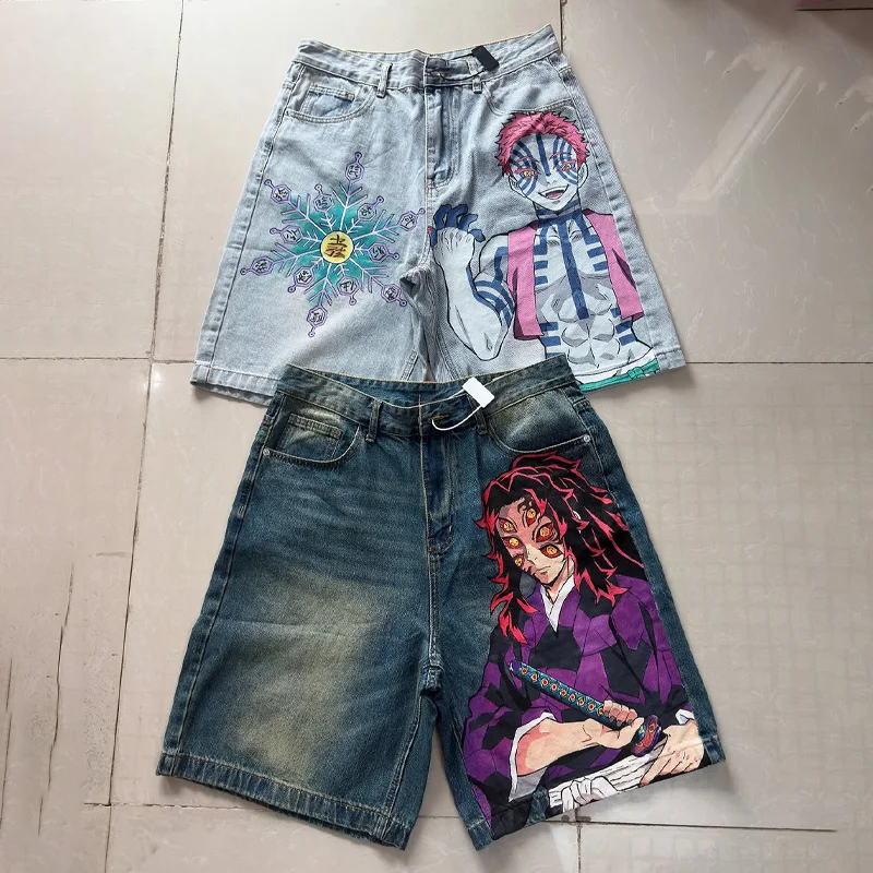 Y2K denim shorts fashion Demon Slayer printed graphic oversized washed retro men denim shorts high street unisex denim shorts