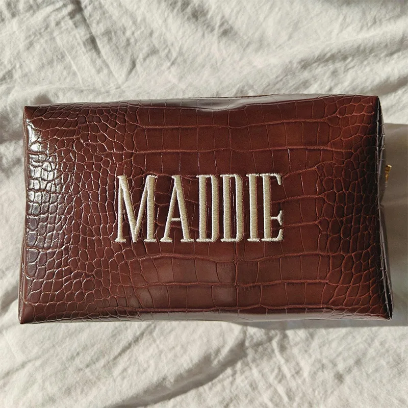 Embroidered Croc Makeup Bag Personalized Vegan Cosmetic Pouch Luxury Travel Accessory Gift for Her Bridesmaid Present Ideas