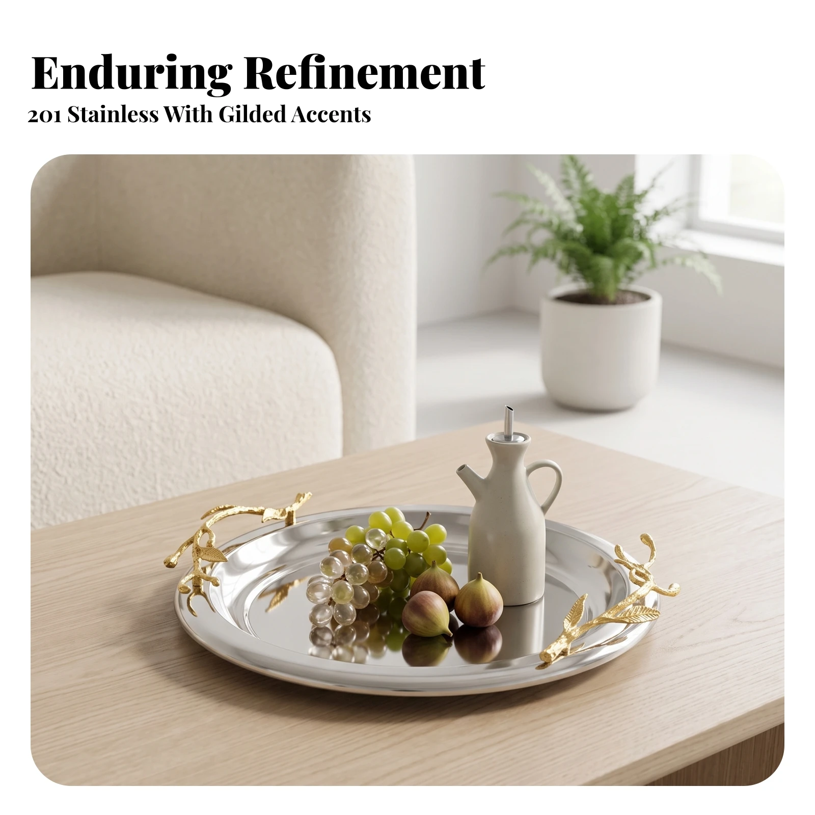 Round Serving Tray with Gold Handles Decorative Mirror Polished Tray with Branch Handles Slim for Hosts, Buffet, Vanity
