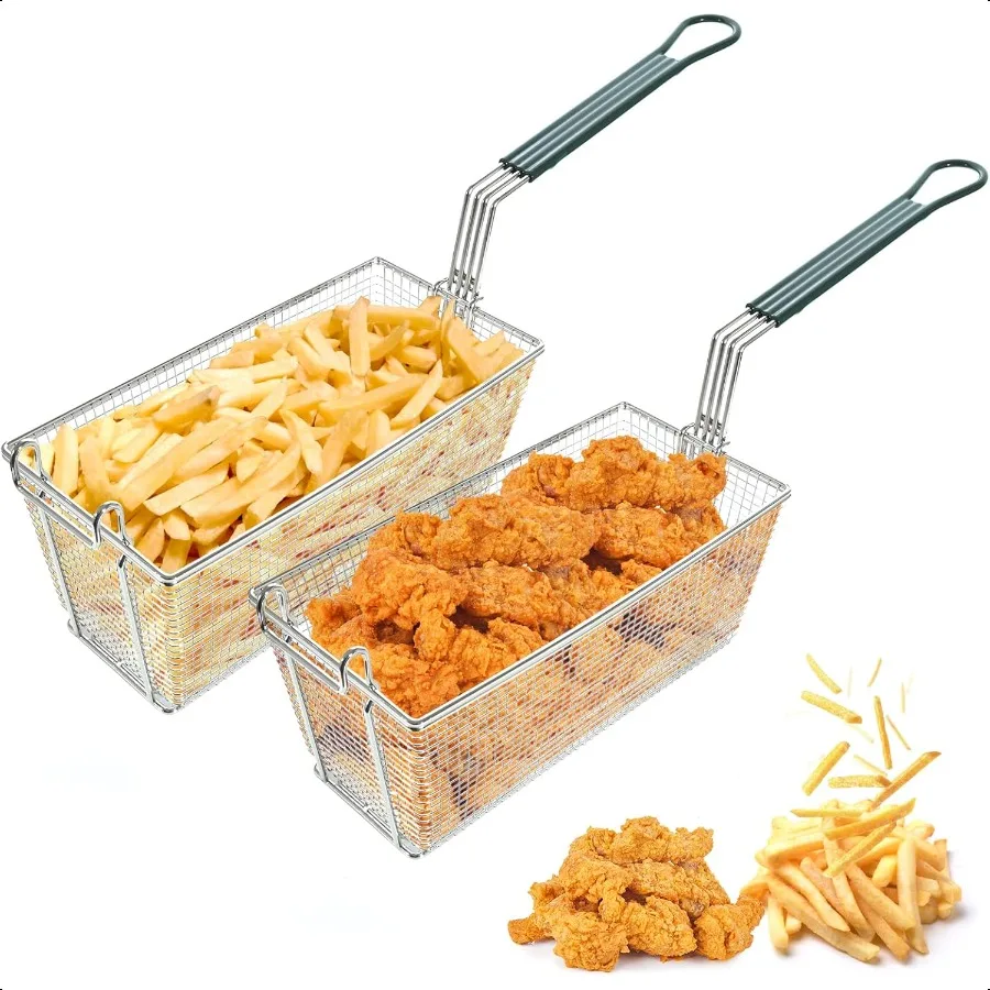 

Deep Fryer Basket with Front Hooks NonSlip Handle 13.2 x 6.5 x 5.9 Basket 11.2 Long Handle Easy Installation