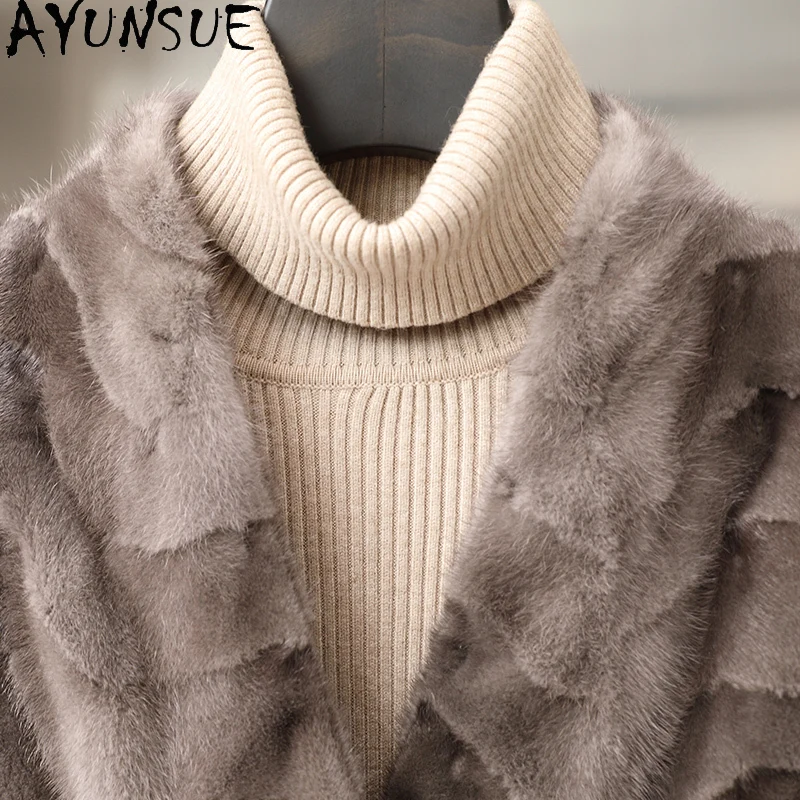 AYUNSUE Real Mink Fur Coat Women Clothes Luxury Real Fur Coats New in Outerwears Mid-length Winter Jacket Belt Пальто Женское