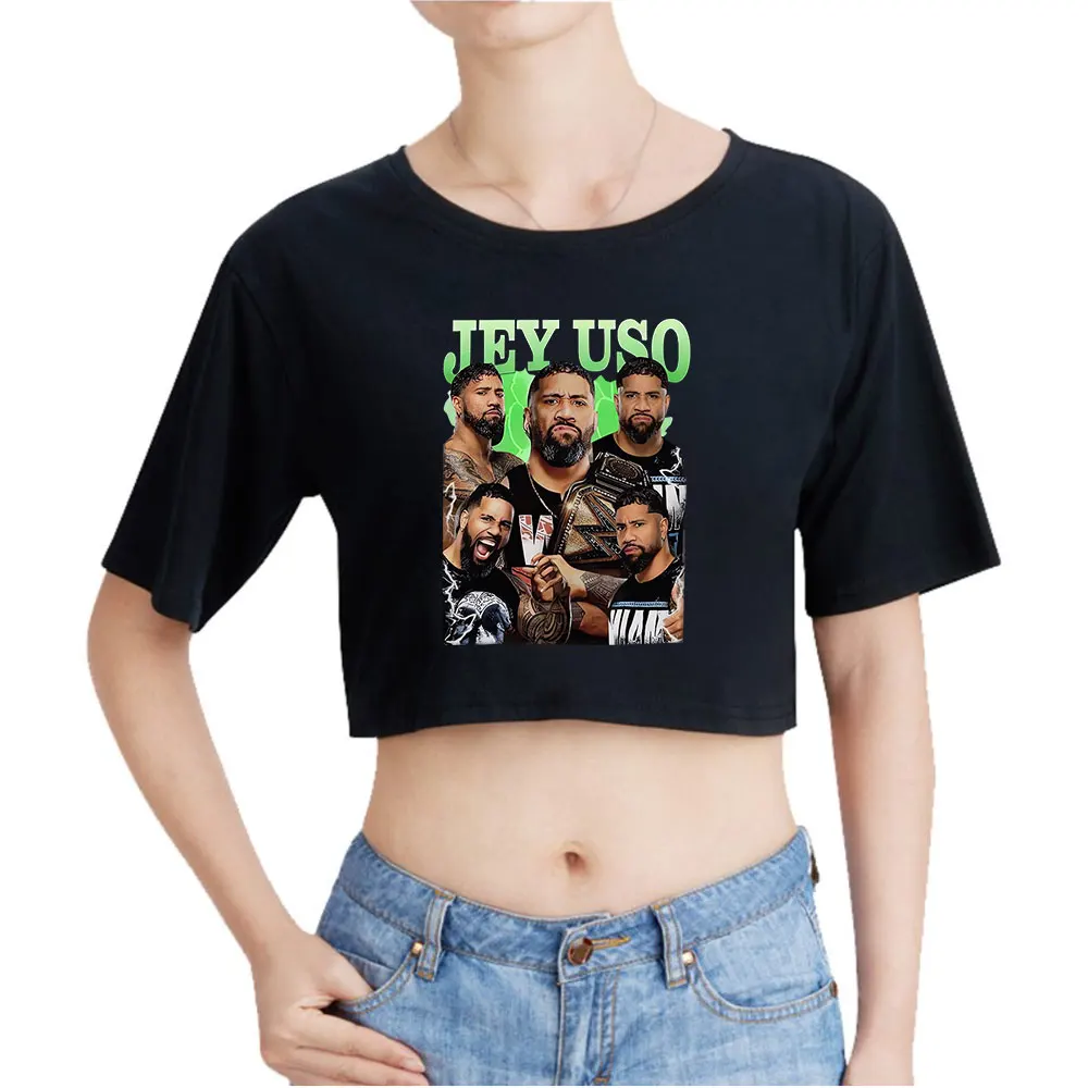 

Jey USO Yeet Vintage 90s Crop Top Exposed Navel T-Shirt Oversize O-Neck Tops Tshirt Funny Top Women