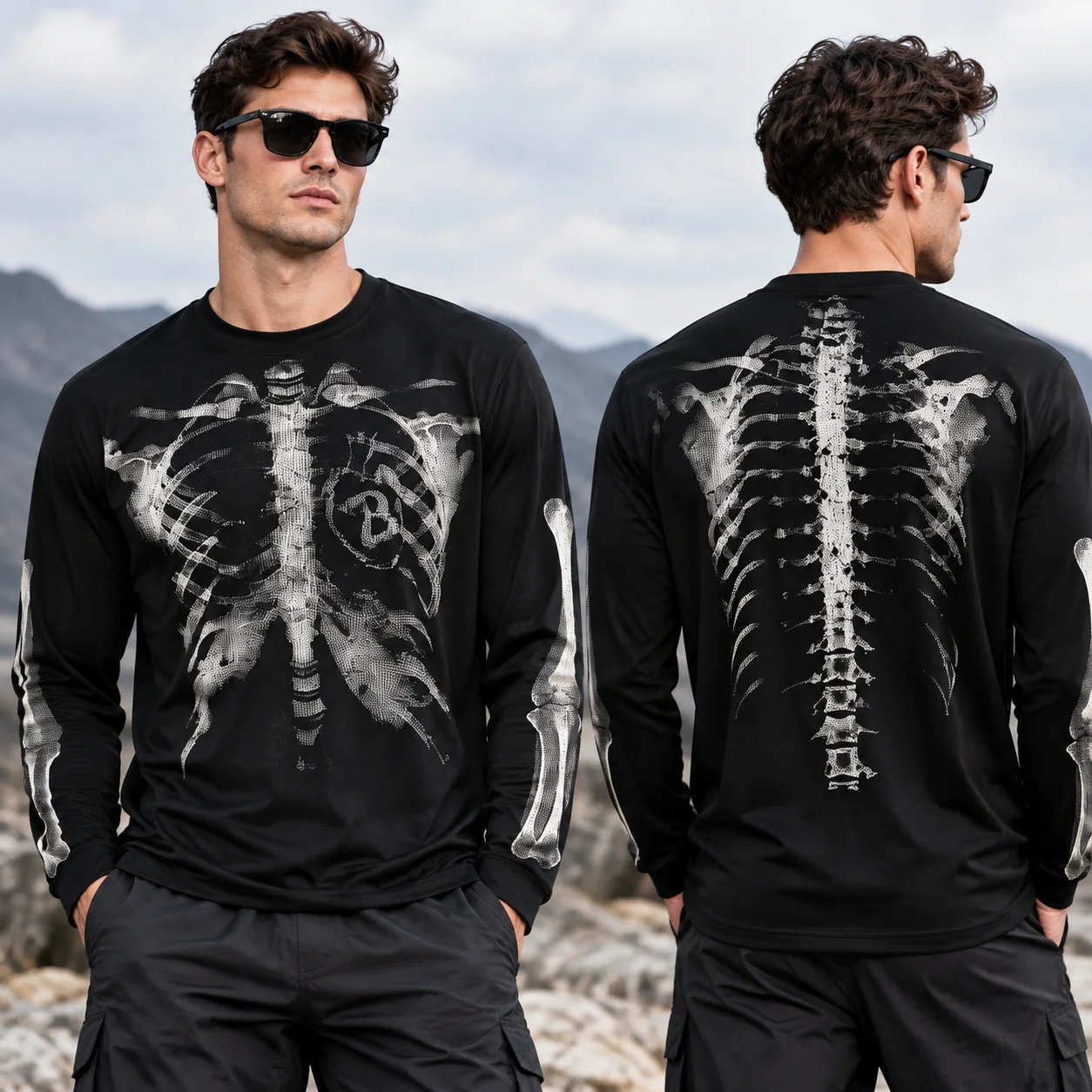 Autumn Winter Vintage Skeleton Inspired Long Sleeve T Shirt Y2K Loose Casual Trendy 3D Print Top for Men Women Adults Kids
