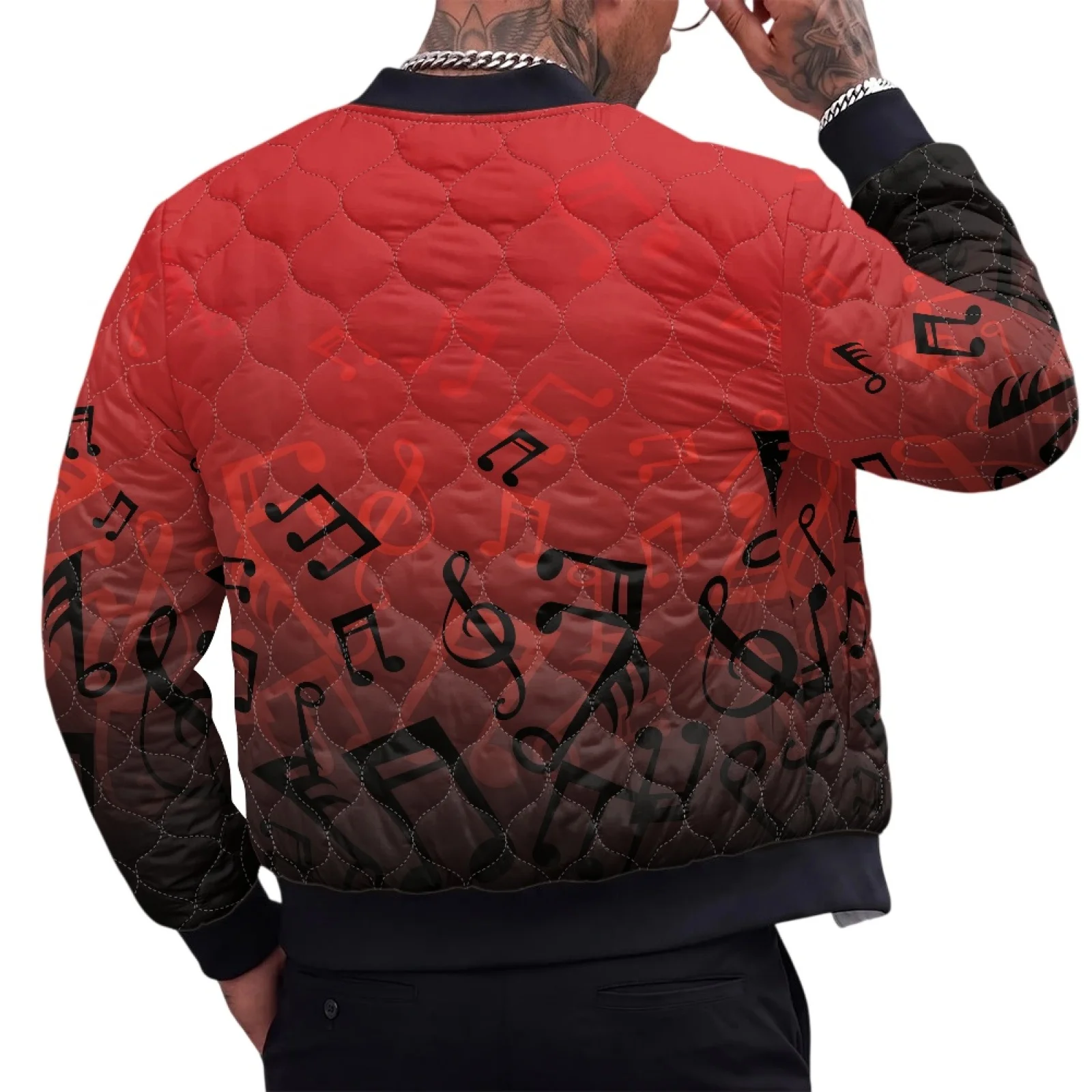 PENSTROLL Music Note Print Mens Rib Cuff Quilted Padded Zipper Bomber Outerwear Windproof the Quilted Liner for Work