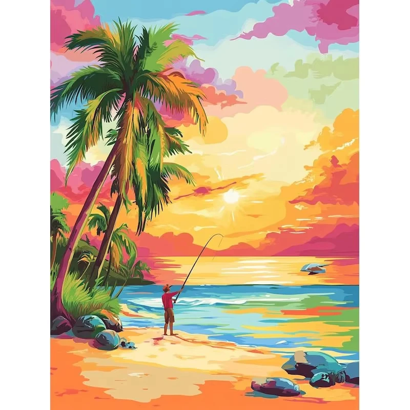 Diamond Painting By Numbers DIY Beach Fishing in Summer Digital Diamond Art Wall Decor for Game Room or Living Room