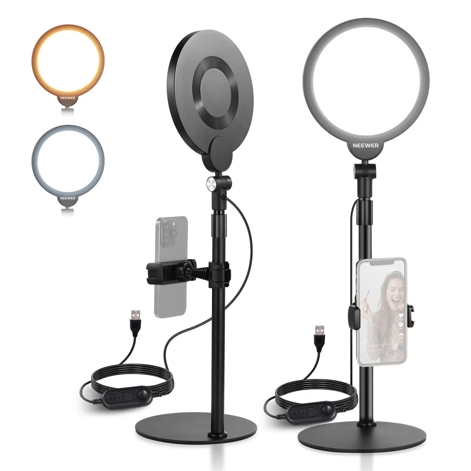 

NEEWER Basics 2 Pack 7" Desk Ring Lights for Video Recording, 10W Dimmable Full Screen Key Lighting with Stands & Phone Holders