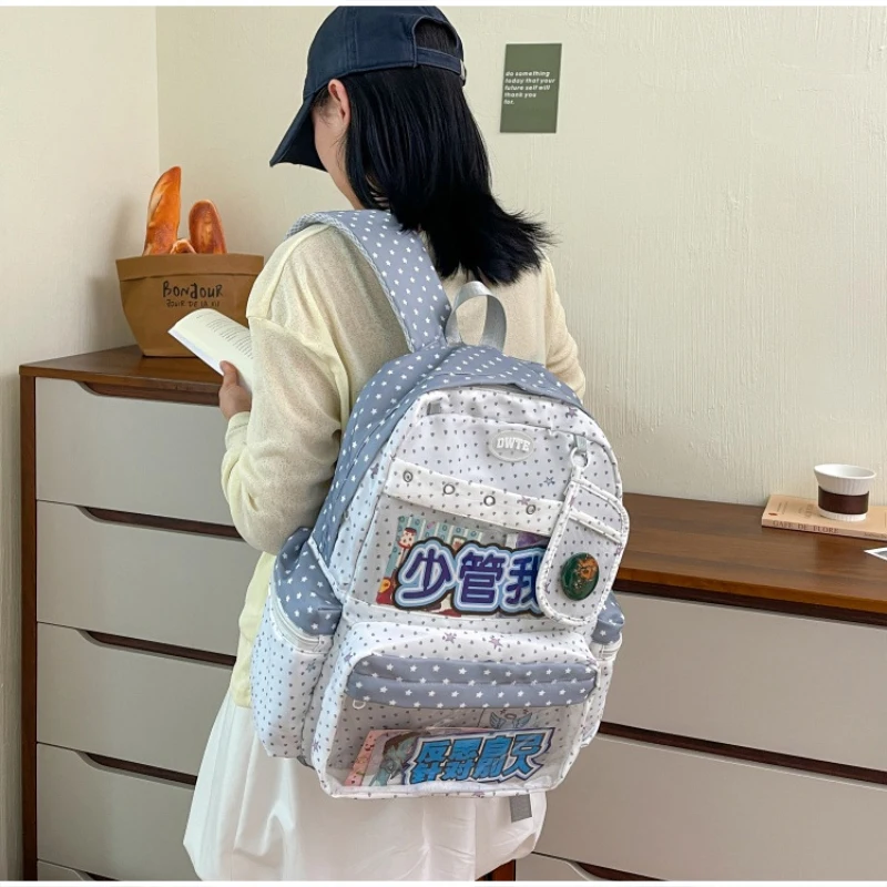 Modischer Rucksack mit transparentem Sichtfenster, großes Fassungsvermögen, gepunktete Schultasche für Teenager-Mädchen, leichte Büchertasche – Detail 7