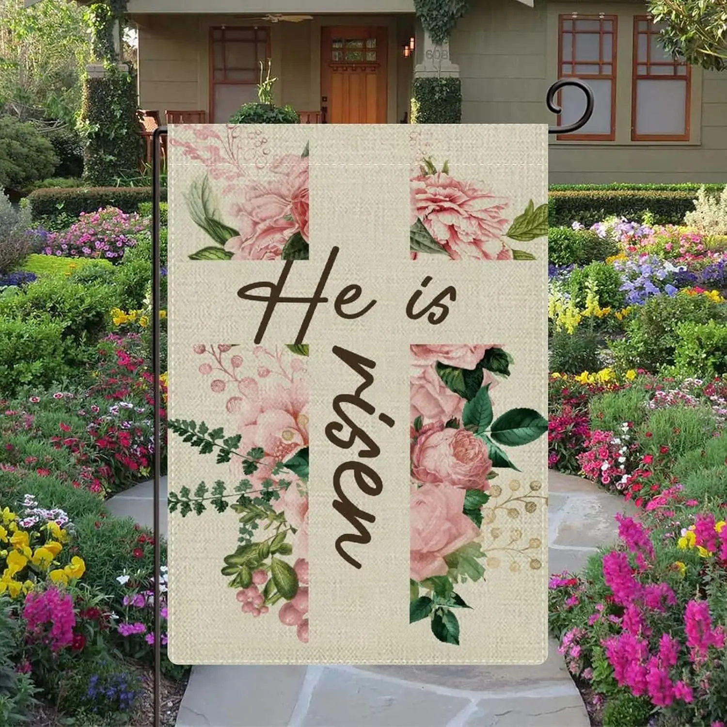 He Is Risen Easter Floral Cross Garden Flags 12x18 Double Sided Decorative Christian Easter Yard Flags Burlap Farmhouse for  yyi