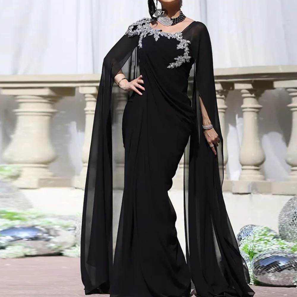 

Customized Irregularity Neck Evening Dress with Cape Sleeve Crystal Embellished Mermaid Wedding Guest Formal Wear Black Chiffon