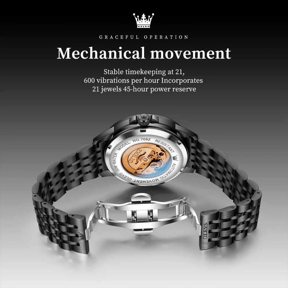 ساعات رجالية أصلية ماركة OLEVS مقاومة للماء من الفولاذ المقاوم للصدأ المضيء بتقويم مزدوج للأعمال ساعة ميكانيكية أوتوماتيكية للرجال #3