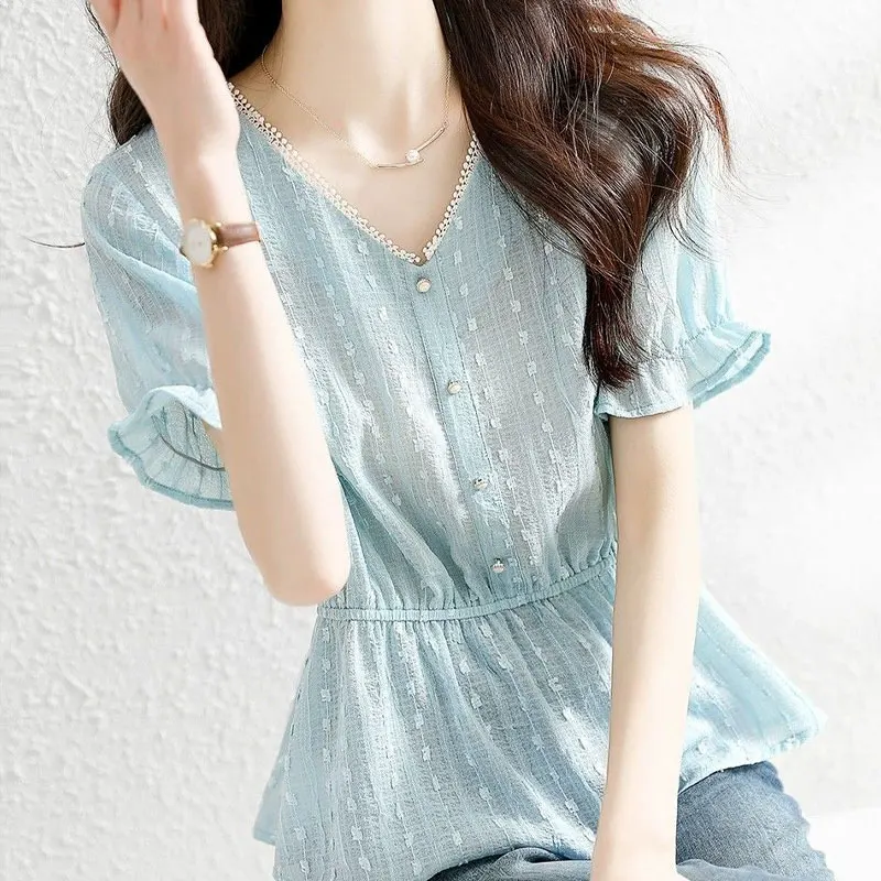 Women\'s Clothing Commute Waist Shirt Fashion Lace Spliced 2024 Summer Basic Short Sleeve Casual Slim Pearl Elegant V-Neck Blouse