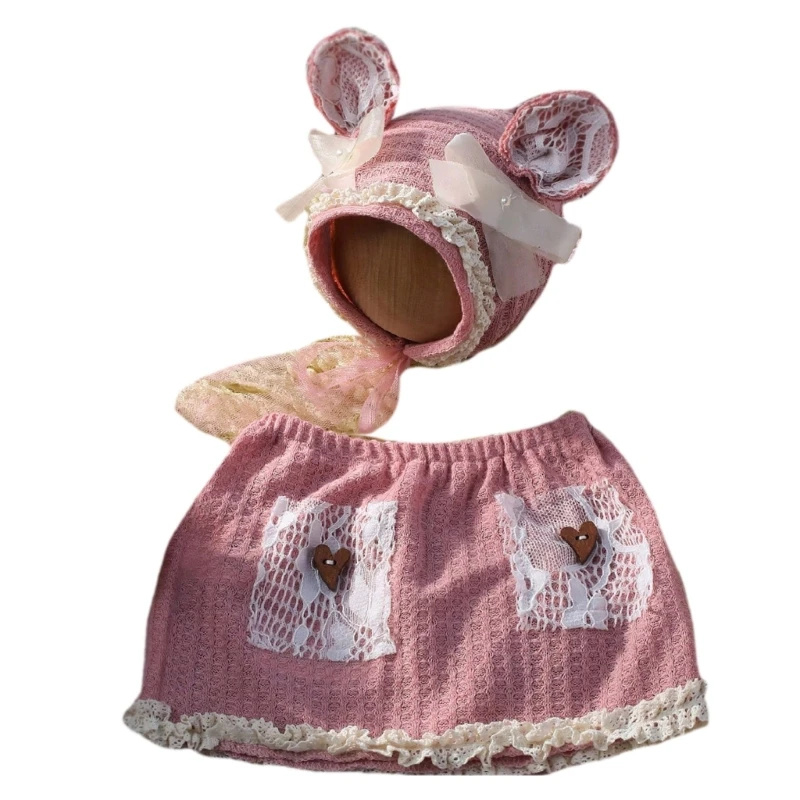 

Y1UB Baby Photography Props Newborns Costume Bear Ear Bonnet Hat and Skirt Outfit