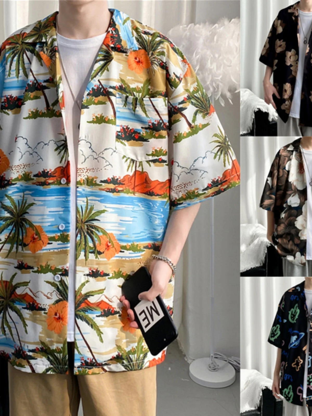 

Мужская рубашка с винтажным принтом в стиле гавайской живописи, модная, с коротким рукавом, свободного кроя, с кубинским воротником, для пар, летняя, тонкая модель