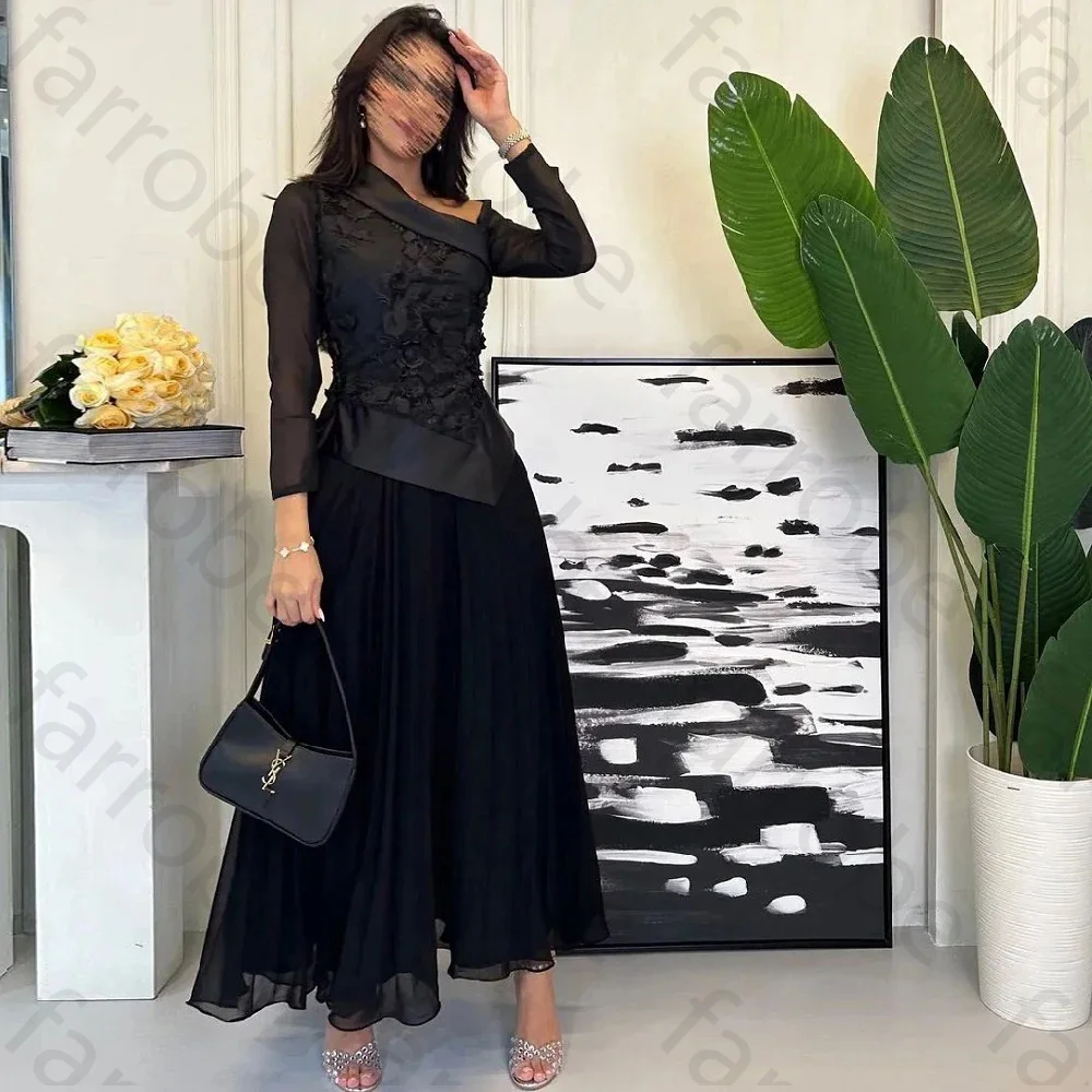 Maßgeschneiderte schwarze Abendkleider mit Applikationen, langen Ärmeln, A-Linie, Chiffon, Saudi-Arabien, Damen-Abschlussballkleid فسات Vara Sierra Sierra