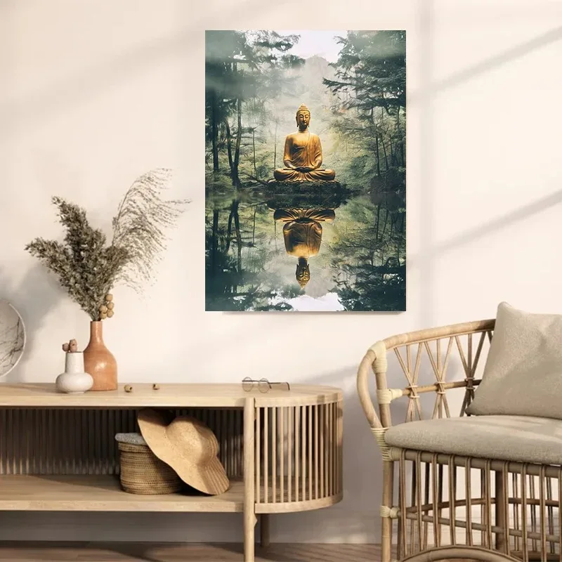 Vintage Abstract Nature Buddha Forest Lake Landscape Art Canvas Painting,Wall Prints Poster Pictures for Home Decor Unframed