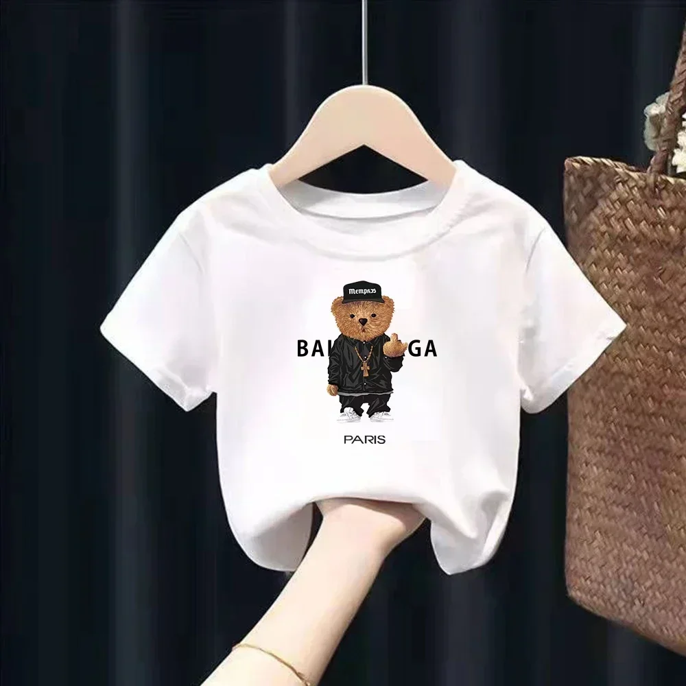 

Teenager T Shirt Cotton Summer Fashion Brand Short Sleeve Bear Print Tops Casual Cute Crewneck Tees Girls Boys Children Clothing