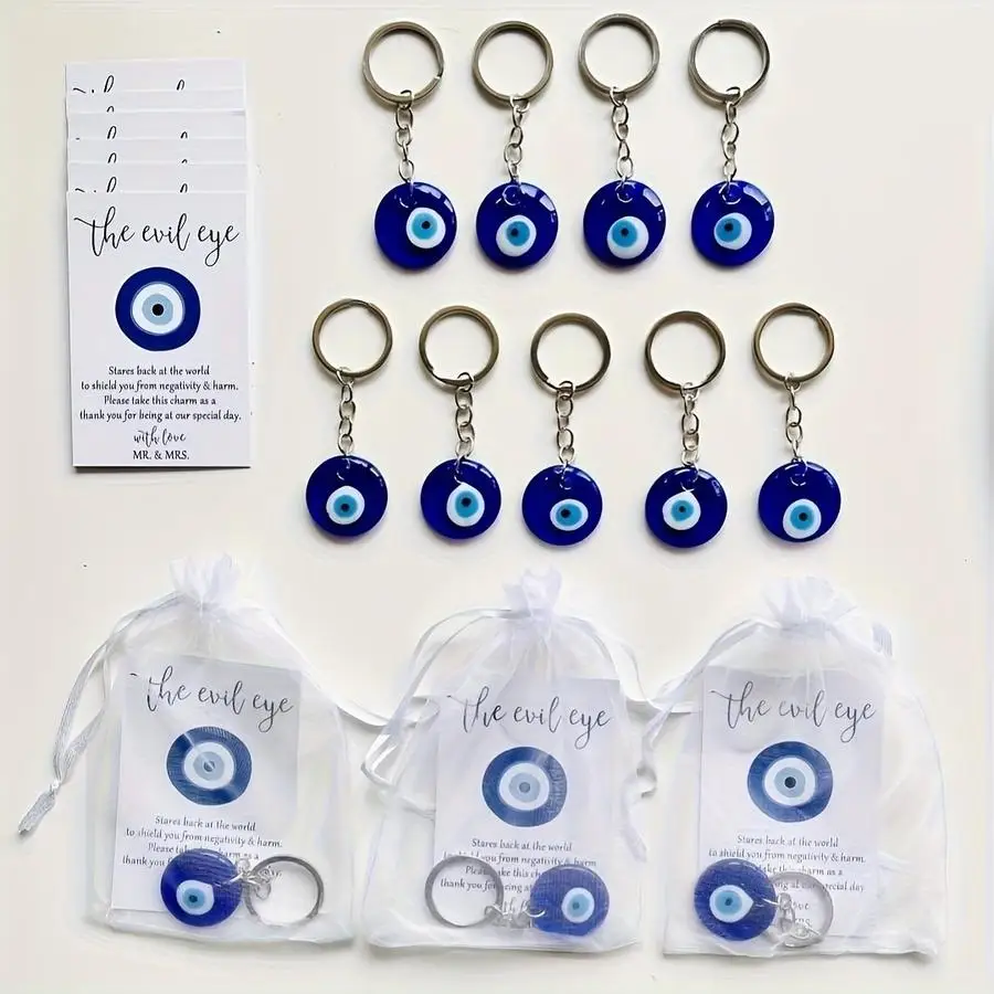 1/5/10/20/50/100pcs Turkish Blue Evil Eye Keychain Gift s - Good Luck Amulets with Organza Bags & Wishes Cards for Wedding Favor