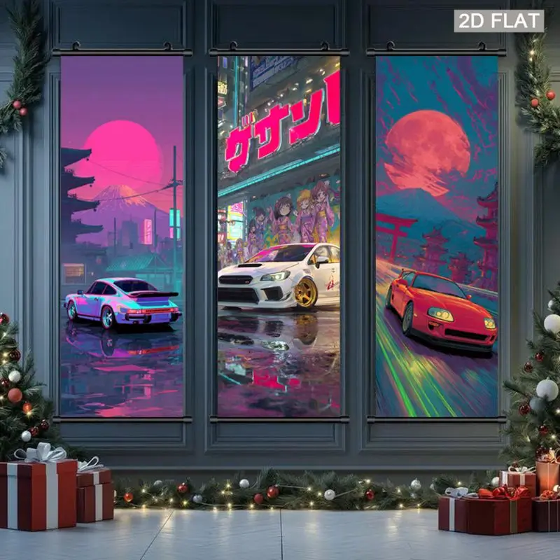 VIKAMA Cyberpunk Car Fuji Mountain Wall Tapestry Neon City Anime Scroll Art Home Decor Cute Kawaii Soft Durable Cozy Aesthetic