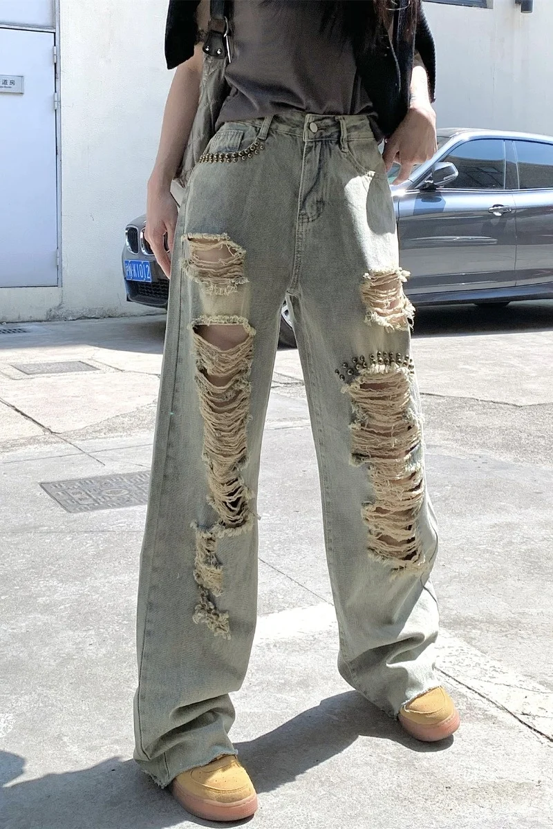 Design Hole Jeans For Women's Summer High Waisted Mop Pants, Loose Draped Wide Leg Straight Leg Pants Hip Hop Trousers