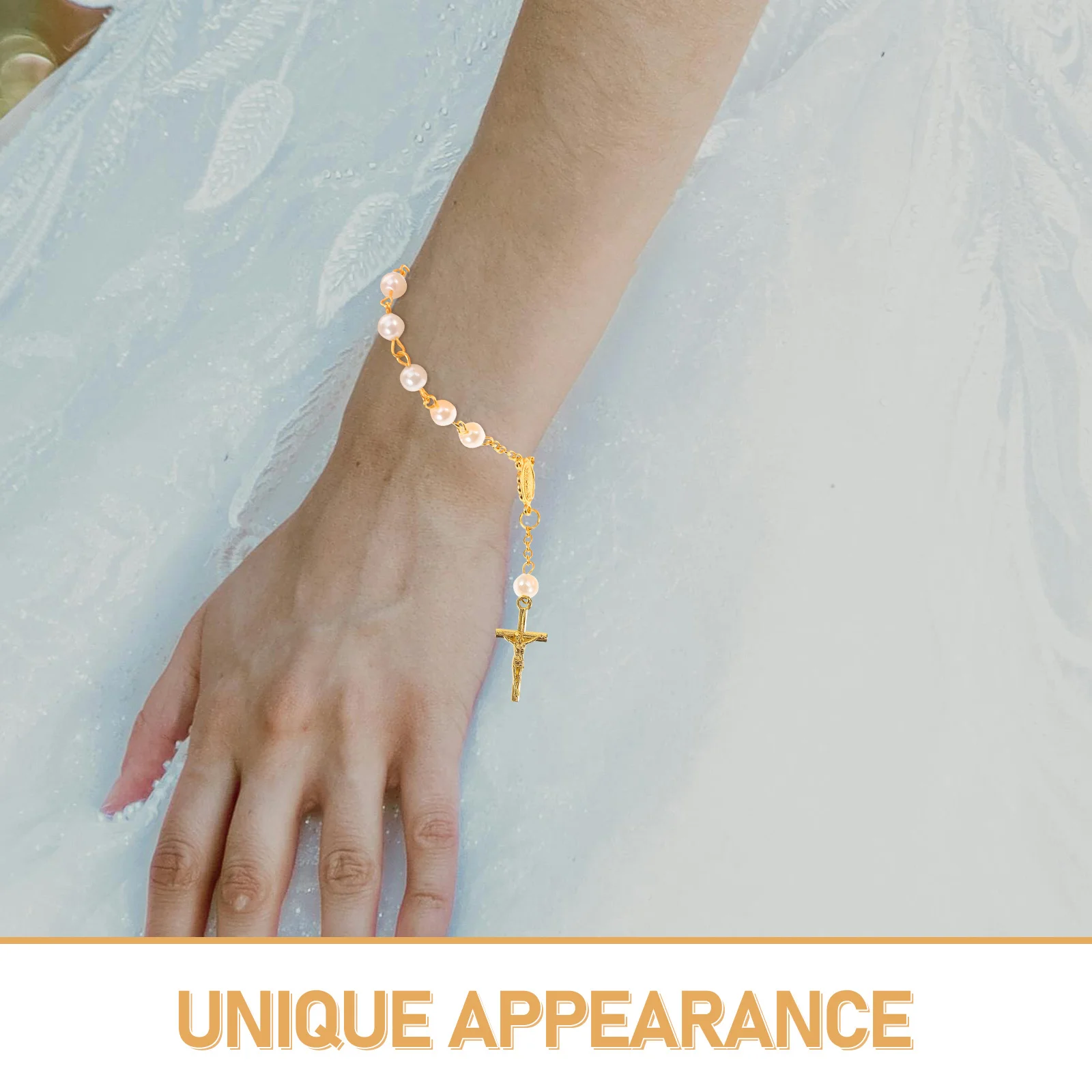 12 juegos de pulsera de Rosario pequeño con adorno de perla cruzada, regalo de bautismo de comunión, joyería espiritual para mujeres y niñas, fe