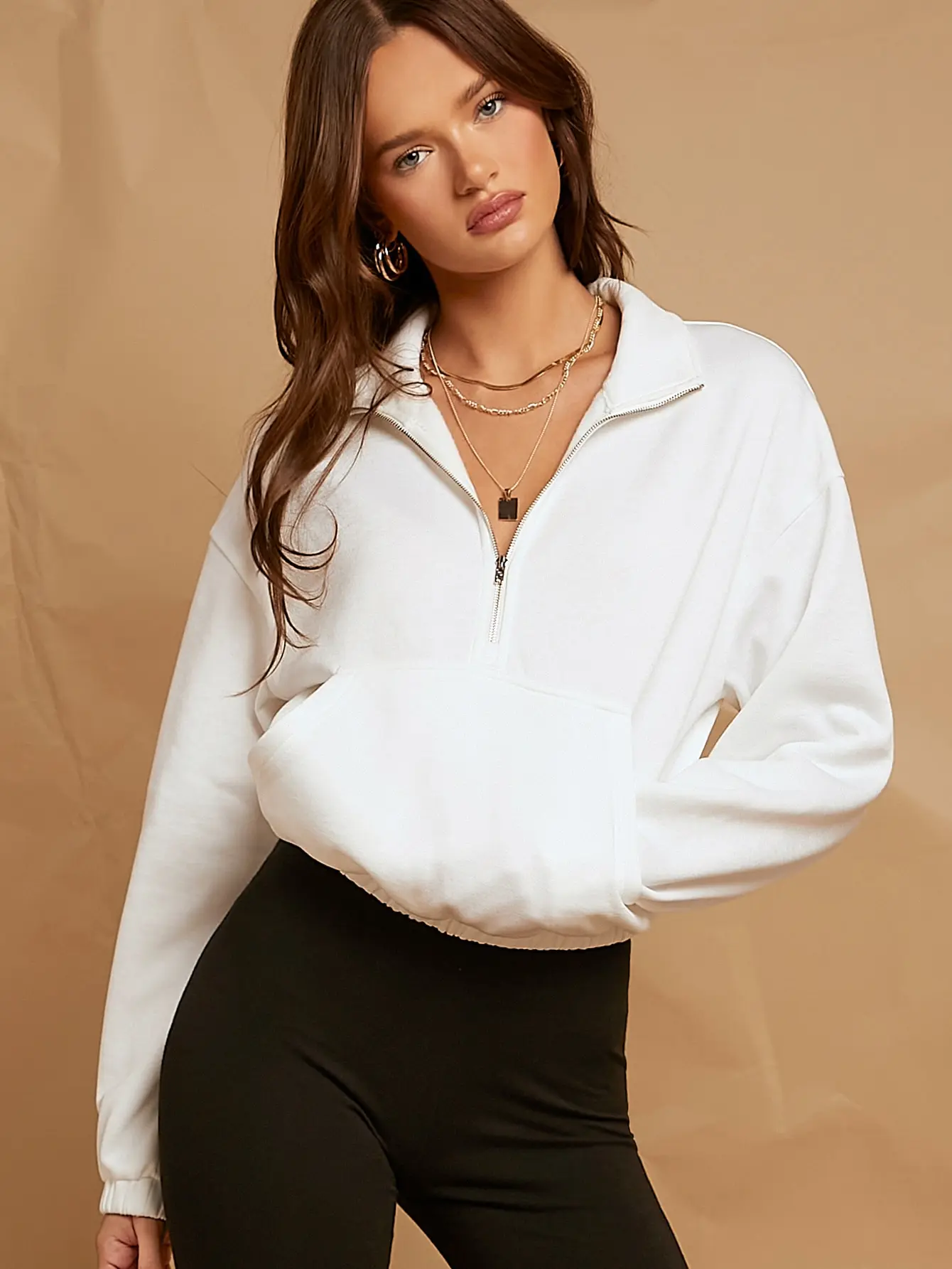 

Women's White Drop Shoulder Half Zip Sweatshirt, Long Sleeve Casual Top for Fall Winter