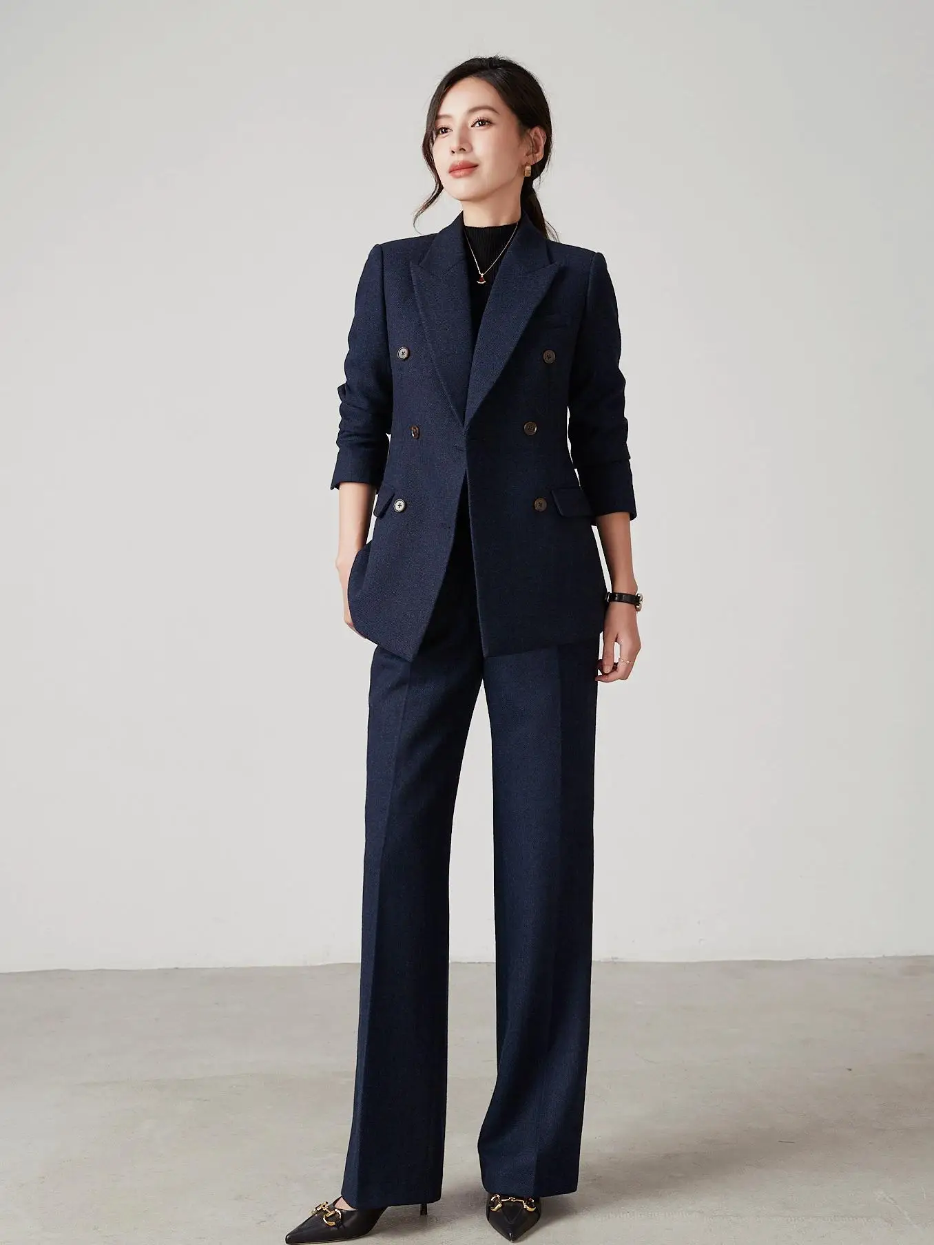 여성용 겨울 두꺼운 울 트위드 정장 세트 로얄 블루 전문직 슬림 핏 스트레이트 팬츠 더블 브레스티드