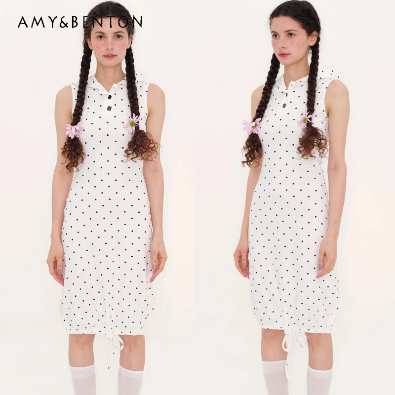 Korean White Polka Dot Stretchy Hooded Casual Drawstring Women's Dress 2025 Summer New Versatile Sleeveless Tank Dresses Ladies